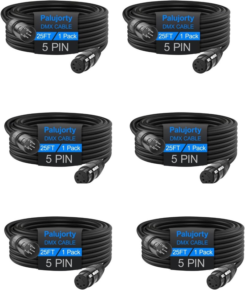 Palujorty كابل DMX بطول 25 قدم 6 عبوات، كابل DMX 5 دبابيس لإضاءة المسرح وأجهزة DMX - Image 1